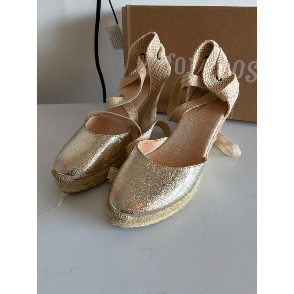 Soludos Women Metallic Tall Wedge Pale Gold Fabric Lace Up Espadrilles US 9